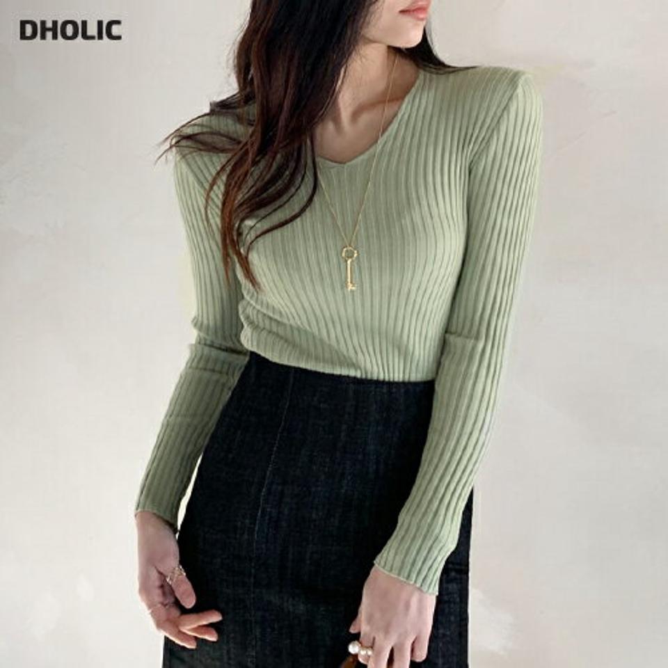 【マラソン特価】リブスリムニット・全6色・t71724 レディース 【tops】 トップス ニット 大人 長袖 Vネック スリム 無地 ベーシック シンプル フェミニン カジュアル デイリー 春 秋 冬 韓国ファッション ハイホリHIHOLLI