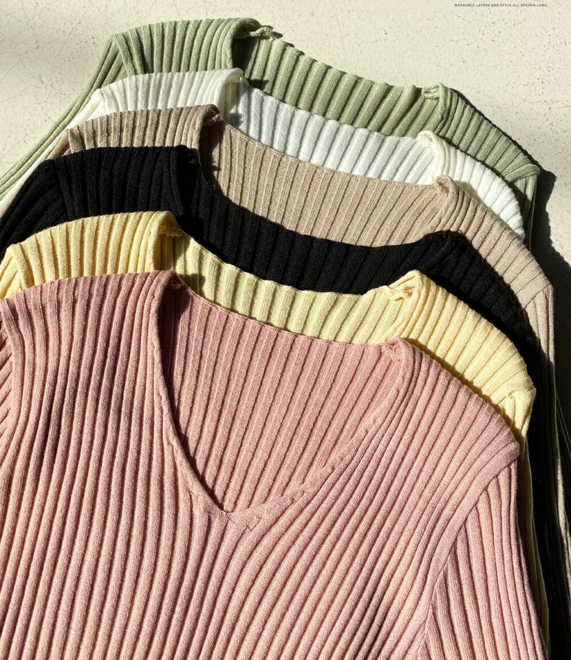 【マラソン特価】リブスリムニット・全6色・t71724 レディース 【tops】 トップス ニット 大人 長袖 Vネック スリム 無地 ベーシック シンプル フェミニン カジュアル デイリー 春 秋 冬 韓国ファッション ハイホリHIHOLLI