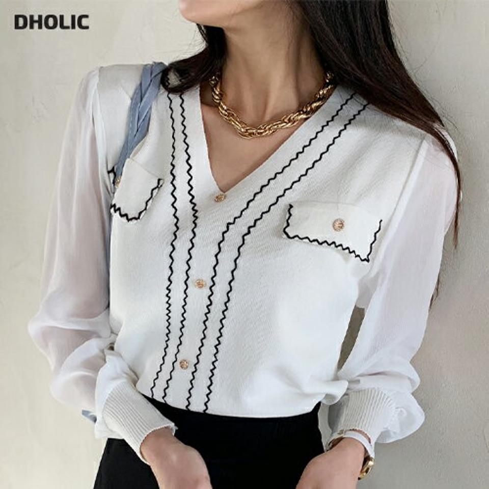 ≪人気商品再入荷≫ジグザグシフォンスリーブニット・全2色・b71725 レディース 【tops】 トップス ニット 大人 長袖 Vネック ジグザグ シフォンスリーブ 異素材 シンプル フェミニン カジュアル デイリー 春 秋 冬 韓国ファッション ハイホリHIHOLLI