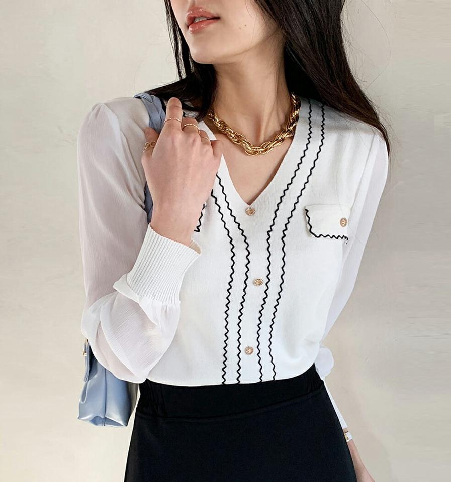 ≪人気商品再入荷≫ジグザグシフォンスリーブニット・全2色・b71725 レディース 【tops】 トップス ニット 大人 長袖 Vネック ジグザグ シフォンスリーブ 異素材 シンプル フェミニン カジュアル デイリー 春 秋 冬 韓国ファッション ハイホリHIHOLLI