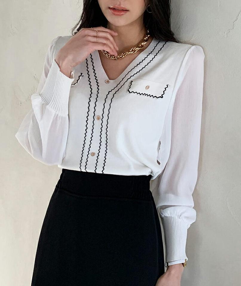 ≪人気商品再入荷≫ジグザグシフォンスリーブニット・全2色・b71725 レディース 【tops】 トップス ニット 大人 長袖 Vネック ジグザグ シフォンスリーブ 異素材 シンプル フェミニン カジュアル デイリー 春 秋 冬 韓国ファッション ハイホリHIHOLLI