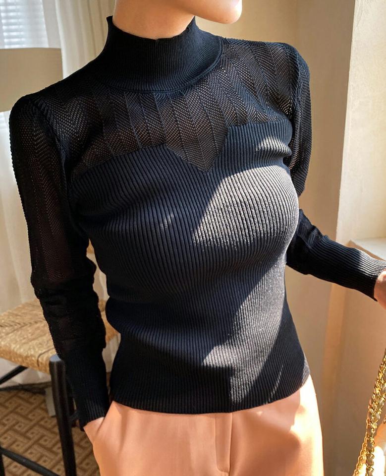 【マラソン特価】ヘリンボーンシアーリブニット・全2色・t71726 レディース 【tops】 トップス ニット 大人 長袖 ハイネック ヘリンボーン シアー スリム 異素材 シンプル フェミニン カジュアル デイリー 春 秋 冬 韓国ファッション ハイホリHIHOLLI セール