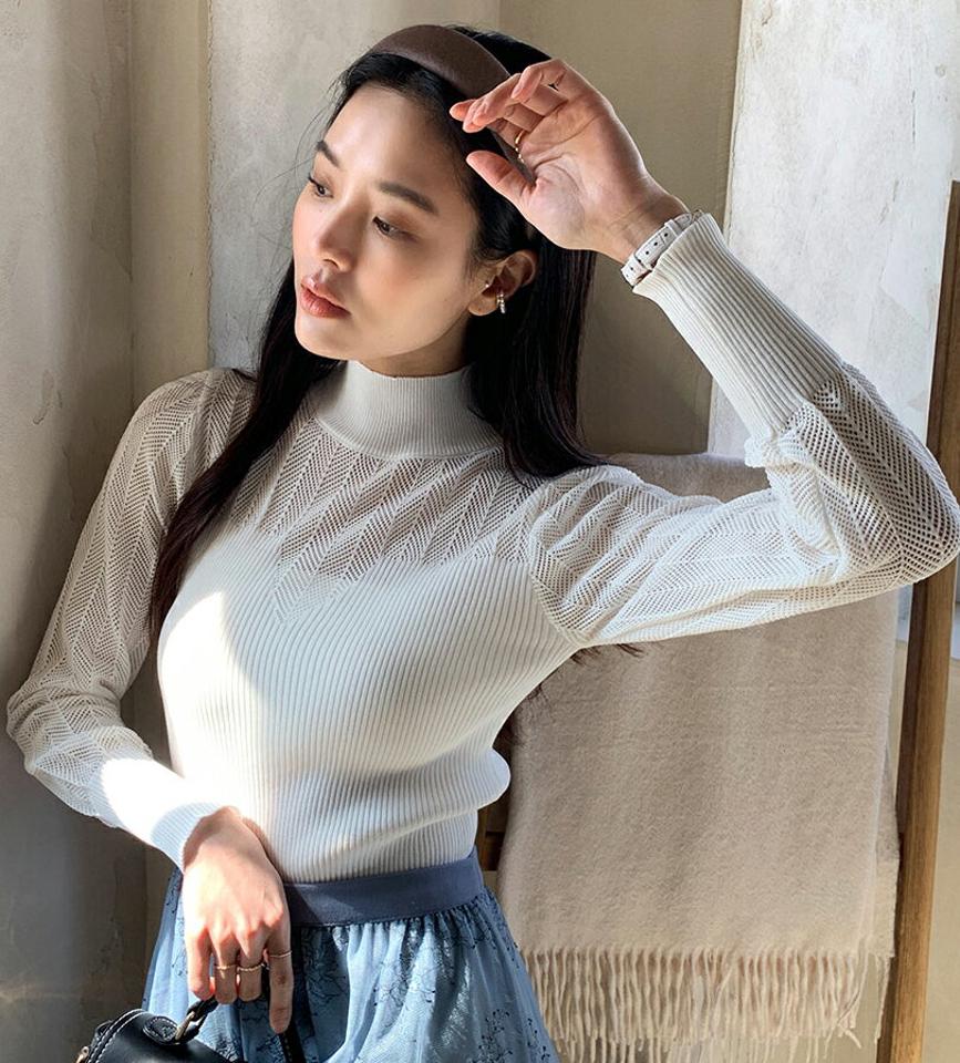 【マラソン特価】ヘリンボーンシアーリブニット・全2色・t71726 レディース 【tops】 トップス ニット 大人 長袖 ハイネック ヘリンボーン シアー スリム 異素材 シンプル フェミニン カジュアル デイリー 春 秋 冬 韓国ファッション ハイホリHIHOLLI セール