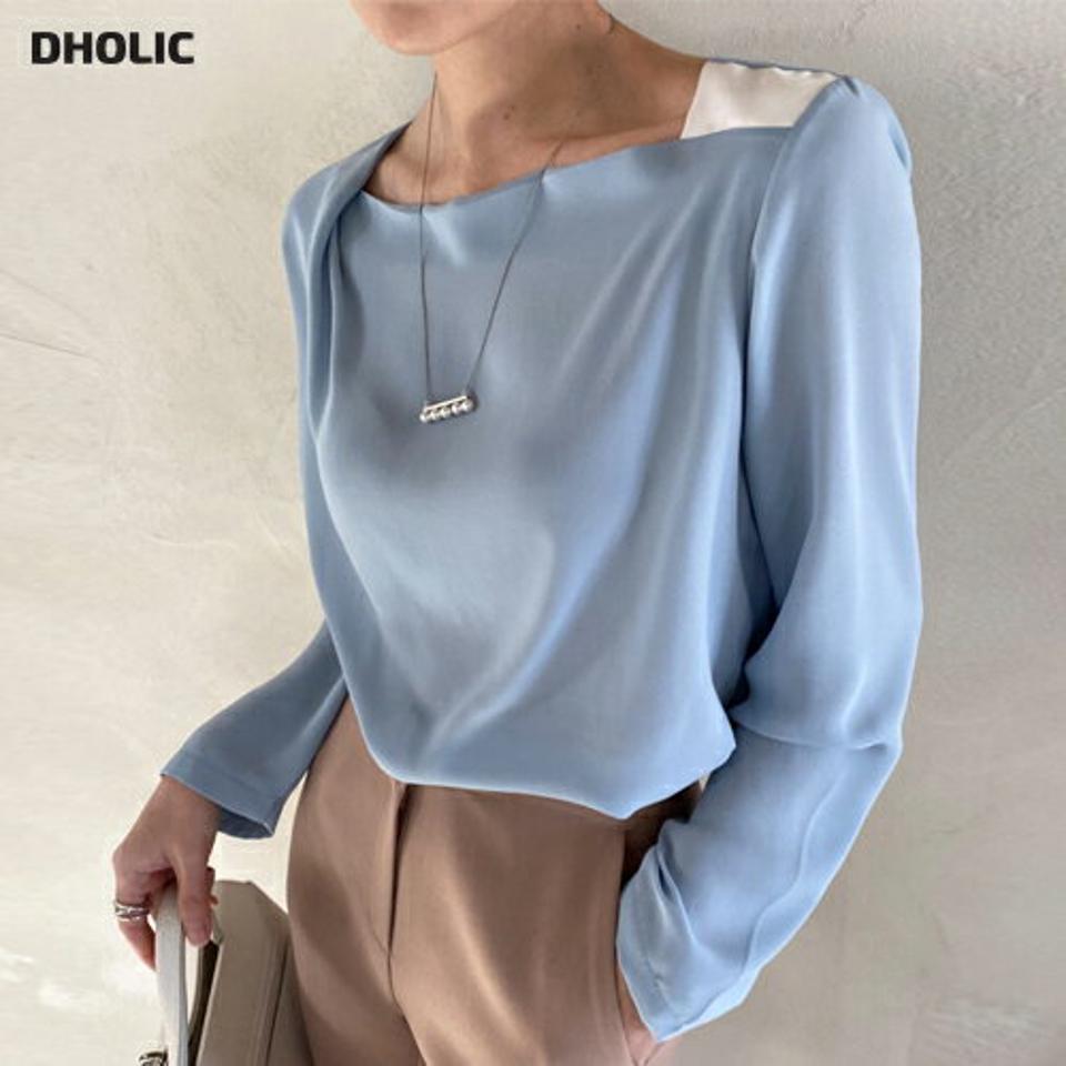 タック配色ショルダーブラウス・全3色・t71727 レディース 【bl】 トップス ブラウス 長袖 ドレープネック タック 配色 ショルダー 無地 シンプル かわいい カジュアル 水色 フェミニン ガーリー 春 秋 冬 韓国ファッション ハイホリHIHOLLI