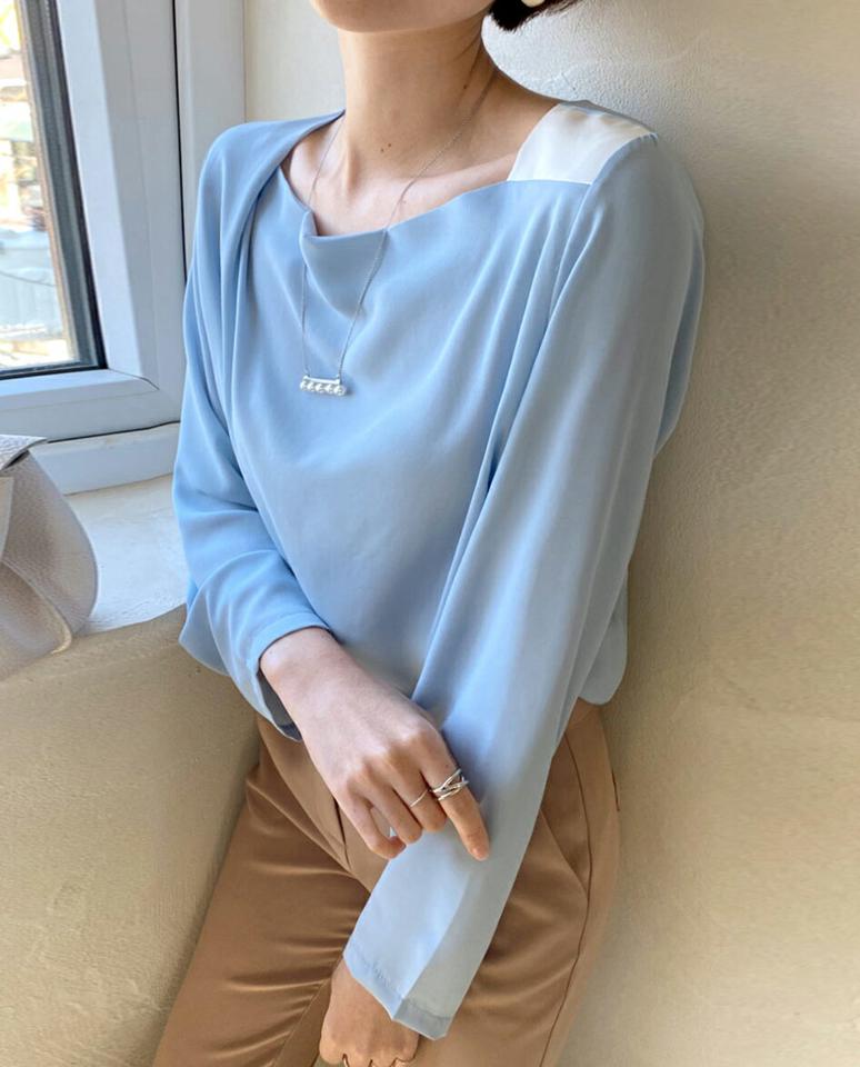 タック配色ショルダーブラウス・全3色・t71727 レディース 【bl】 トップス ブラウス 長袖 ドレープネック タック 配色 ショルダー 無地 シンプル かわいい カジュアル 水色 フェミニン ガーリー 春 秋 冬 韓国ファッション ハイホリHIHOLLI