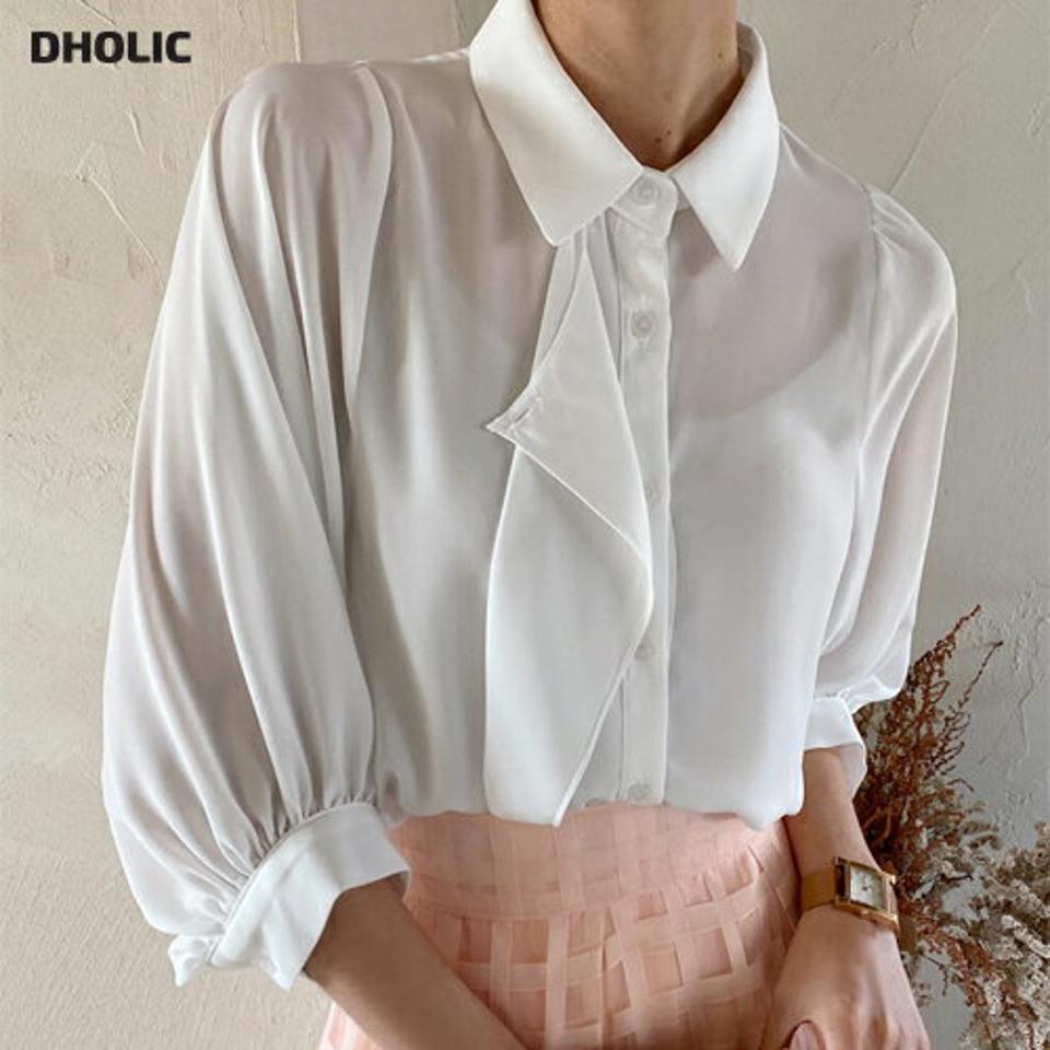 7分袖ラッフルカラーブラウス・全3色・t71728 レディース 【bl】 トップス ブラウス 7分袖 カラーネック ラッフル ボタン シンプル かわいい カジュアル フェミニン ガーリー 春 秋 冬 韓国ファッション ハイホリHIHOLLI