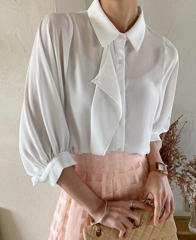 7分袖ラッフルカラーブラウス・全3色・t71728 レディース 【bl】 トップス ブラウス 7分袖 カラーネック ラッフル ボタン シンプル かわいい カジュアル フェミニン ガーリー 春 秋 冬 韓国ファッション ハイホリHIHOLLI