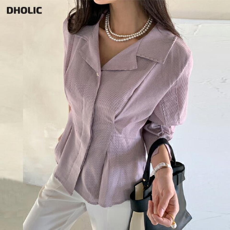 ストライプタックカラーブラウス・全3色・b71729 レディース 【bl】 トップス ブラウス 長袖 Vネック オープンカラー ストライプ タック シンプル かわいい カジュアル フェミニン ガーリー 春 秋 冬 韓国ファッション ハイホリHIHOLLI