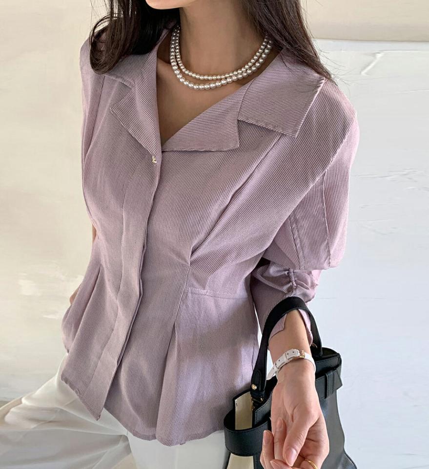 ストライプタックカラーブラウス・全3色・b71729 レディース 【bl】 トップス ブラウス 長袖 Vネック オープンカラー ストライプ タック シンプル かわいい カジュアル フェミニン ガーリー 春 秋 冬 韓国ファッション ハイホリHIHOLLI