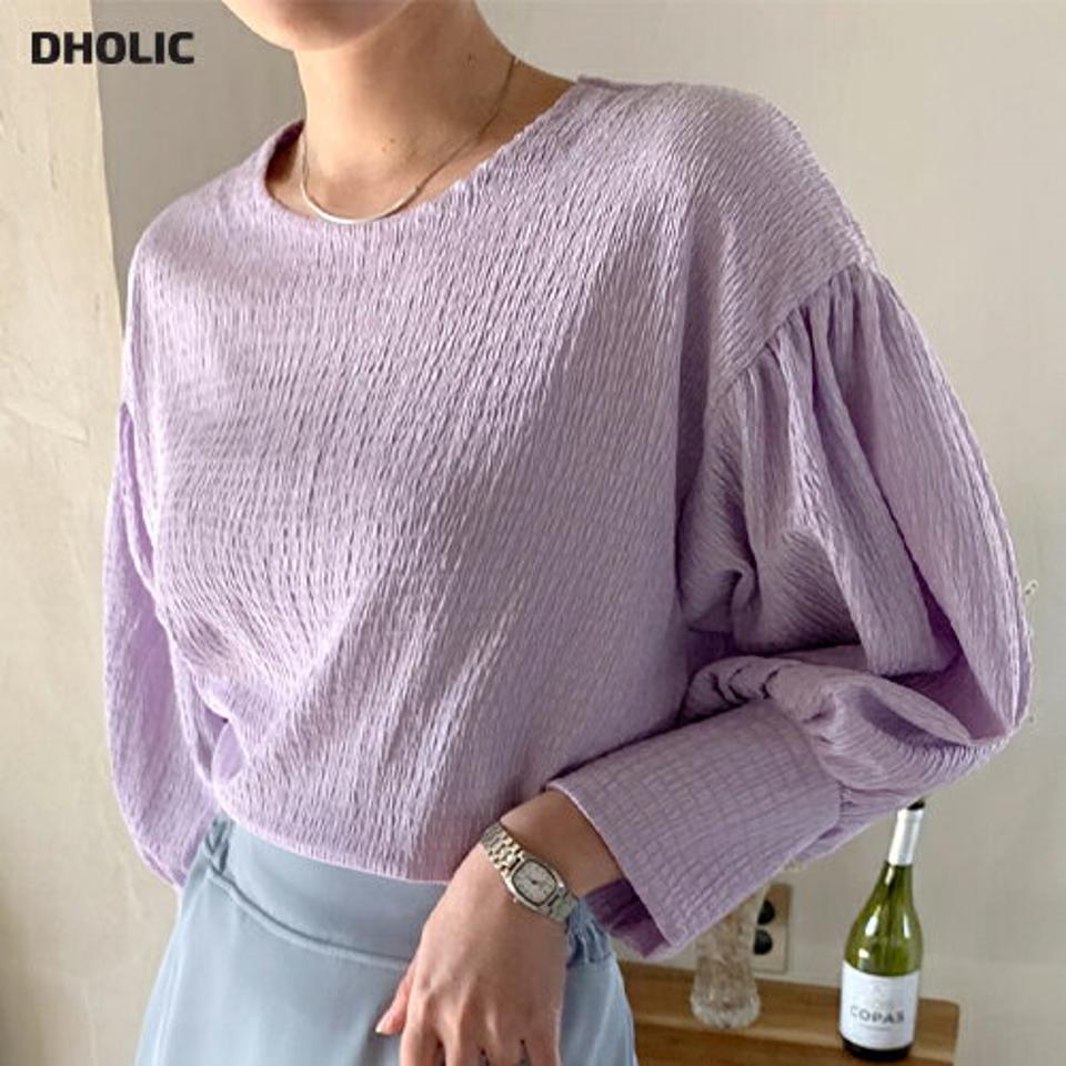 リンクルパフスリーブブラウス・全4色・t71730 レディース 【bl】 トップス ブラウス 長袖 ラウンドネック リンクル パフスリーブ シンプル かわいい カジュアル フェミニン ガーリー 春 秋 冬 韓国ファッション ハイホリHIHOLLI