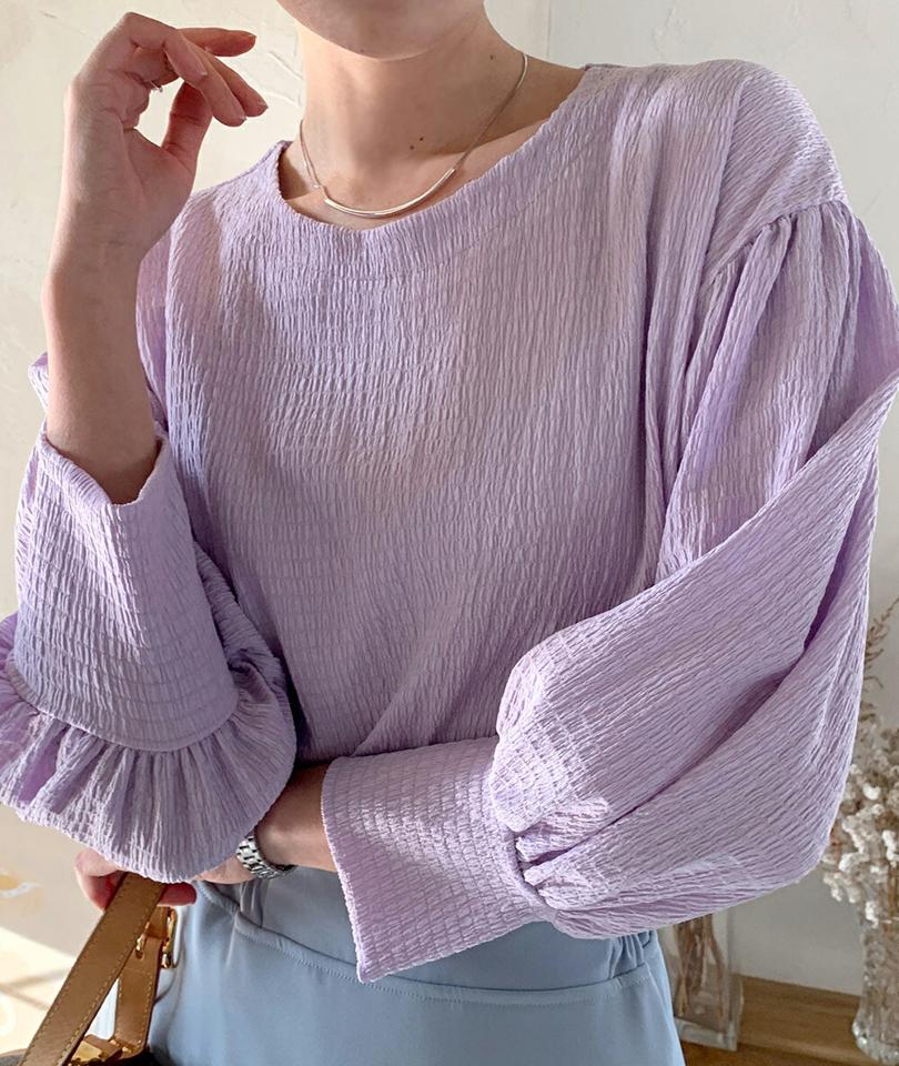 リンクルパフスリーブブラウス・全4色・t71730 レディース 【bl】 トップス ブラウス 長袖 ラウンドネック リンクル パフスリーブ シンプル かわいい カジュアル フェミニン ガーリー 春 秋 冬 韓国ファッション ハイホリHIHOLLI