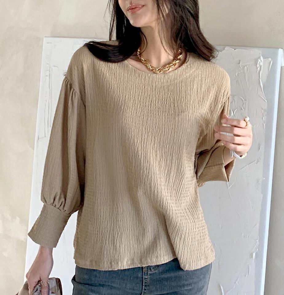 リンクルパフスリーブブラウス・全4色・t71730 レディース 【bl】 トップス ブラウス 長袖 ラウンドネック リンクル パフスリーブ シンプル かわいい カジュアル フェミニン ガーリー 春 秋 冬 韓国ファッション ハイホリHIHOLLI