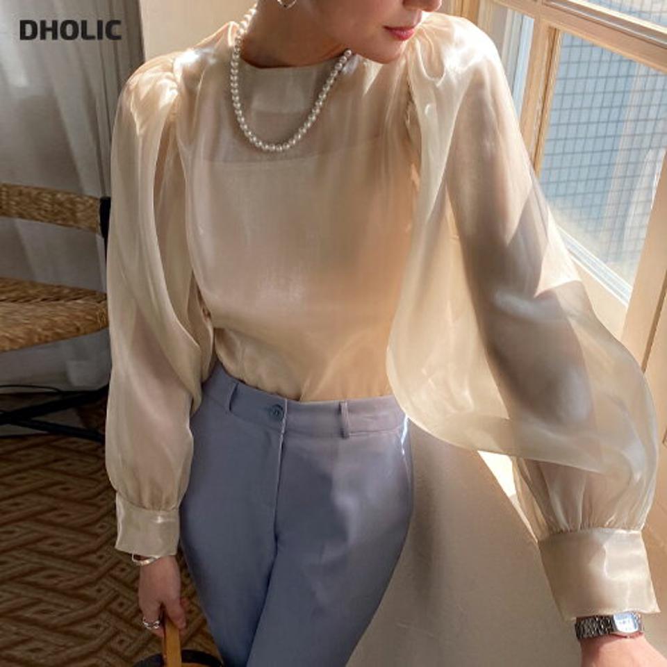 キャミ付グロッシーパフスリーブブラウス・全2色・b71731 レディース 【bl】 トップス ブラウス 長袖 キャミ付 グロッシー パフスリーブ シンプル かわいい カジュアル フェミニン ガーリー 春 秋 冬 韓国ファッション ハイホリHIHOLLI