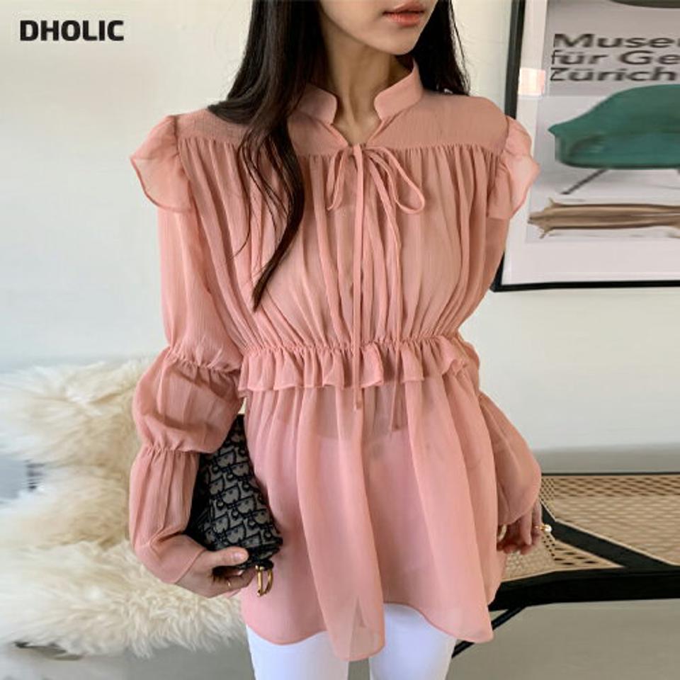 ストラップフリルシアーブラウス・全3色・b71732 レディース 【bl】 トップス ブラウス 長袖 ハーフネック ストラップ フリル シアー シンプル カラーアイテム ピンク フェミニン ガーリー 春 秋 冬 韓国ファッション ハイホリHIHOLLI