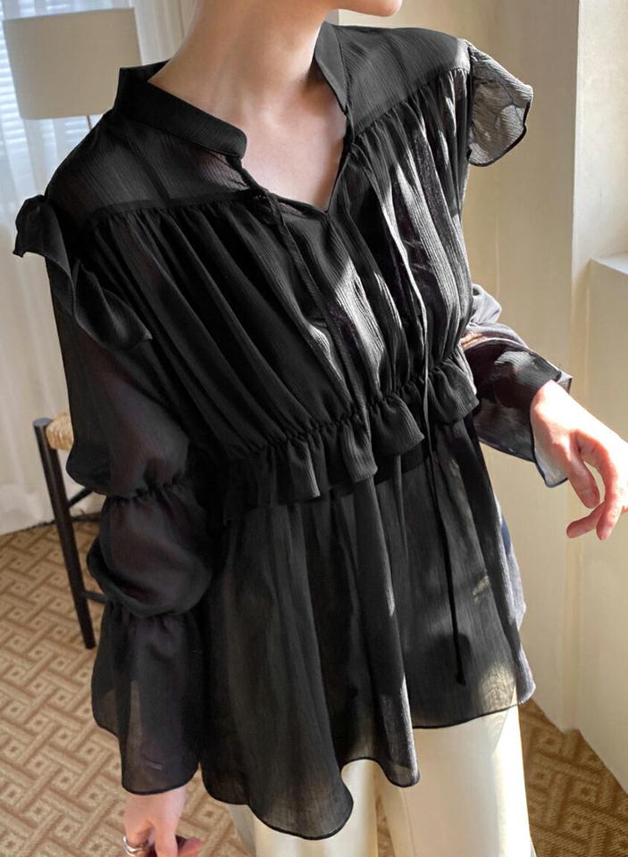 ストラップフリルシアーブラウス・全3色・b71732 レディース 【bl】 トップス ブラウス 長袖 ハーフネック ストラップ フリル シアー シンプル カラーアイテム ピンク フェミニン ガーリー 春 秋 冬 韓国ファッション ハイホリHIHOLLI