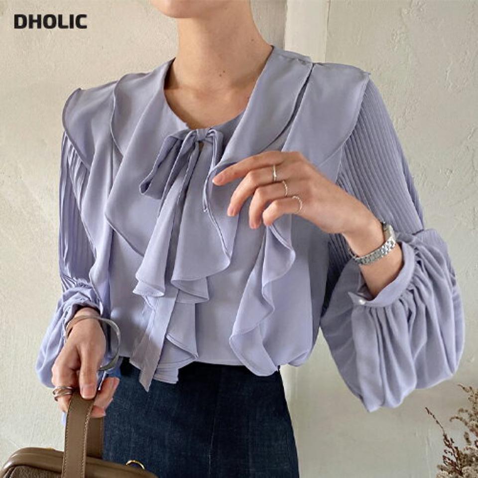 ラッフルストラップブラウス・全3色・b71733 レディース 【bl】 トップス ブラウス 長袖 スリットネック ラッフル ストラップ シンプル カラーアイテム カジュアル フェミニン ガーリー 春 秋 冬 韓国ファッション ハイホリHIHOLLI