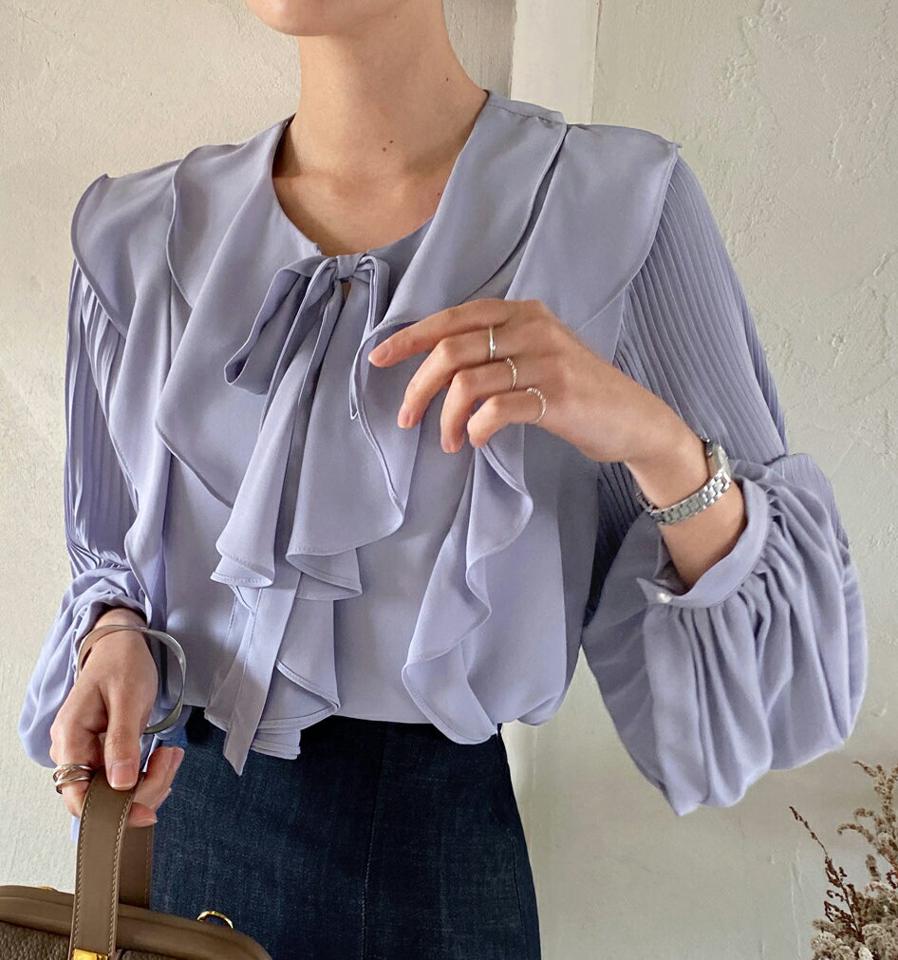 ラッフルストラップブラウス・全3色・b71733 レディース 【bl】 トップス ブラウス 長袖 スリットネック ラッフル ストラップ シンプル カラーアイテム カジュアル フェミニン ガーリー 春 秋 冬 韓国ファッション ハイホリHIHOLLI