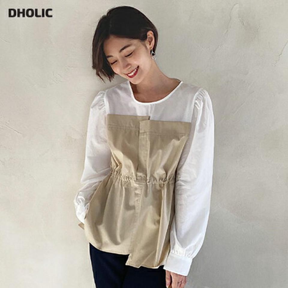 配色ドローストリングブラウス・全2色・t71734 レディース 【bl】 トップス ブラウス 長袖 ラウンドネック 配色 ドローストリング シンプル かわいい カジュアル フェミニン ガーリー 春 秋 冬 韓国ファッション ハイホリHIHOLLI