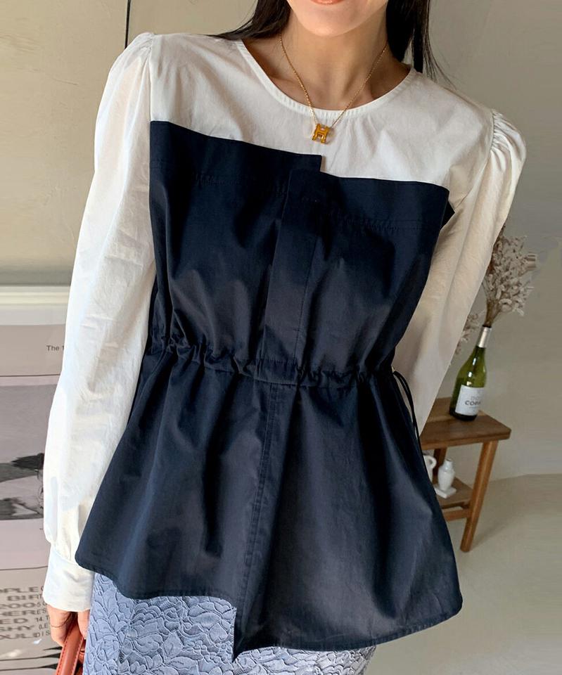 配色ドローストリングブラウス・全2色・t71734 レディース 【bl】 トップス ブラウス 長袖 ラウンドネック 配色 ドローストリング シンプル かわいい カジュアル フェミニン ガーリー 春 秋 冬 韓国ファッション ハイホリHIHOLLI