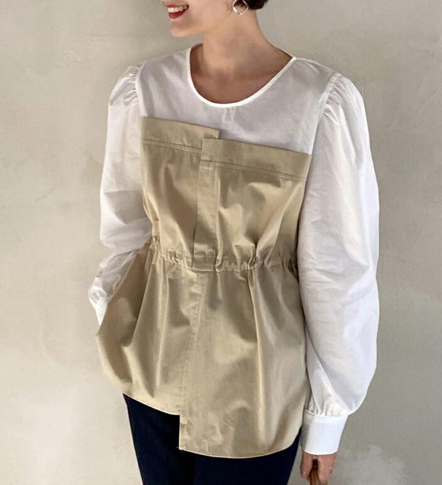 配色ドローストリングブラウス・全2色・t71734 レディース 【bl】 トップス ブラウス 長袖 ラウンドネック 配色 ドローストリング シンプル かわいい カジュアル フェミニン ガーリー 春 秋 冬 韓国ファッション ハイホリHIHOLLI