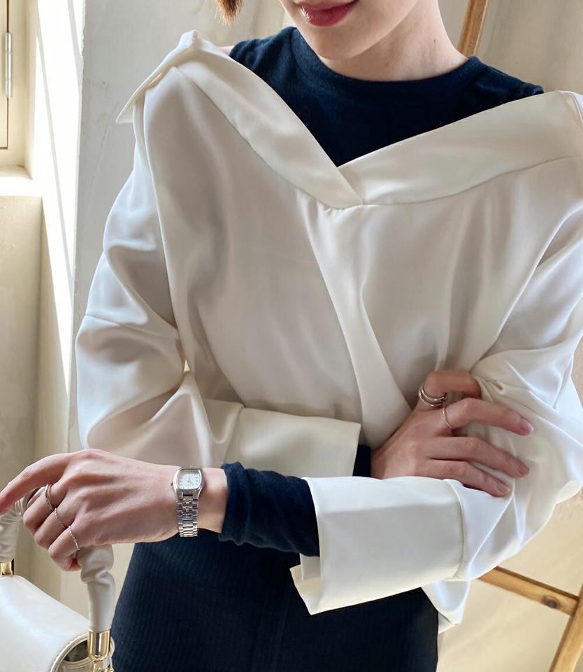 レイヤード風カラーブラウス・全4色・t71735 レディース 【bl】 トップス ブラウス 長袖 ラウンドネック カラー レイヤード風 スリット シンプル かわいい カジュアル フェミニン ガーリー 春 秋 冬 韓国ファッション ハイホリHIHOLLI