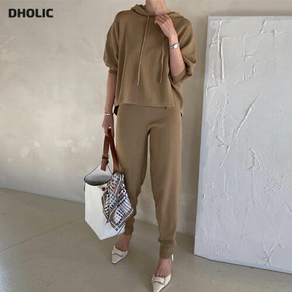 ニット半袖パーカー&ジョガーパンツSET・全3色・b71741 レディース 【pt】 ボトムス ロング ロングパンツ パーカー セットアップ 半袖 フード アンバランス丈 無地 シンプル カジュアル 春 秋 冬 韓国ファッション ハイホリHIHOLLI