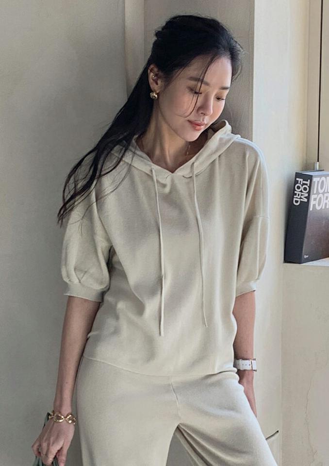 ニット半袖パーカー&ジョガーパンツSET・全3色・b71741 レディース 【pt】 ボトムス ロング ロングパンツ パーカー セットアップ 半袖 フード アンバランス丈 無地 シンプル カジュアル 春 秋 冬 韓国ファッション ハイホリHIHOLLI