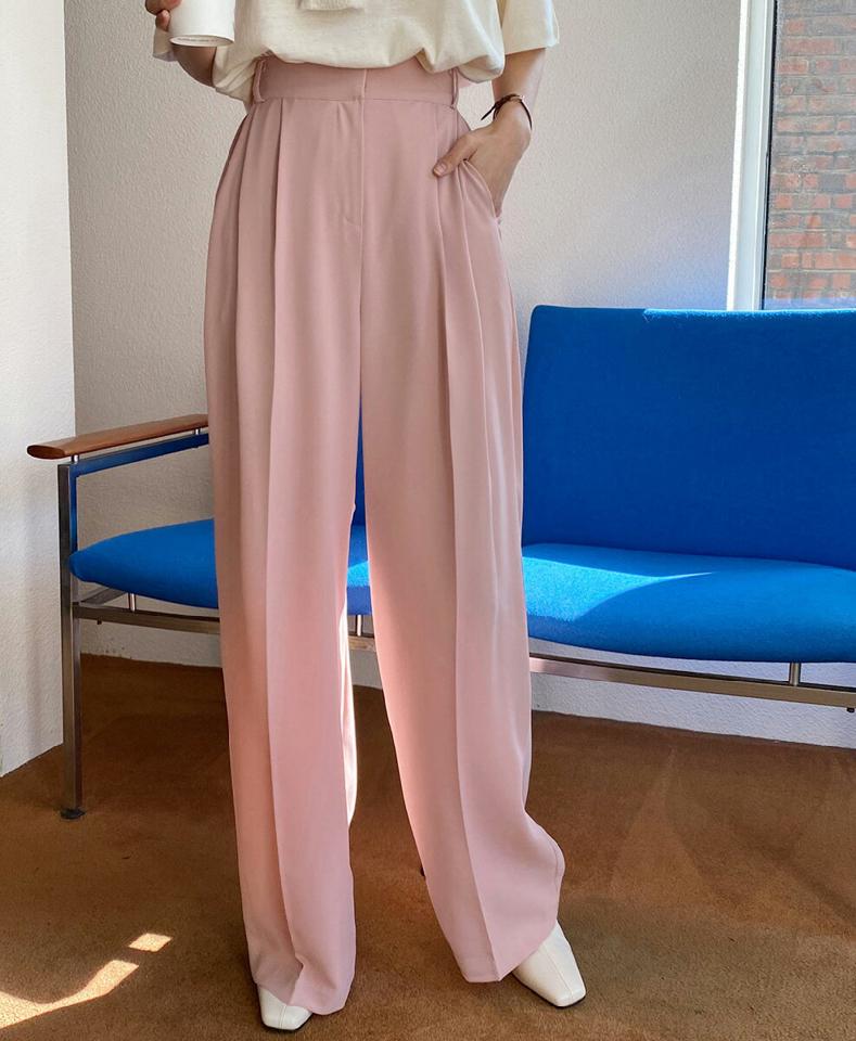 ツータックワイドスラックス・全5色・t00440 レディース 【pt】スラックス パンツ ロング 丈 単色 無地 シンプル 春 夏 秋 冬 パステル カジュアル ワイド カラバリ タック 脚長 オフィスカジュアル きれいめ ピンク 韓国ファッション