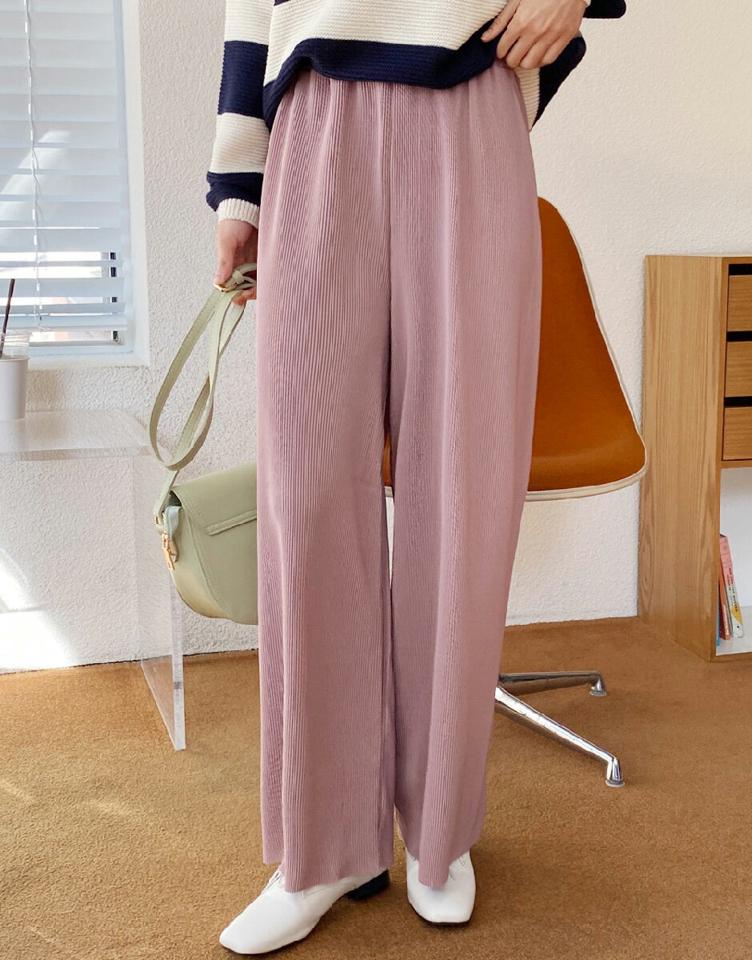 イージープリーツパンツ・全4色・b00439 レディース 【pt】パンツ ロング 丈 単色 シンプル 無地 春 夏 秋 冬 ワイドプリーツ ウエストゴム 楽ちん ストレート ラフ カジュアル かわいい 可愛い ピンク パステル くすみ 韓国ファッション