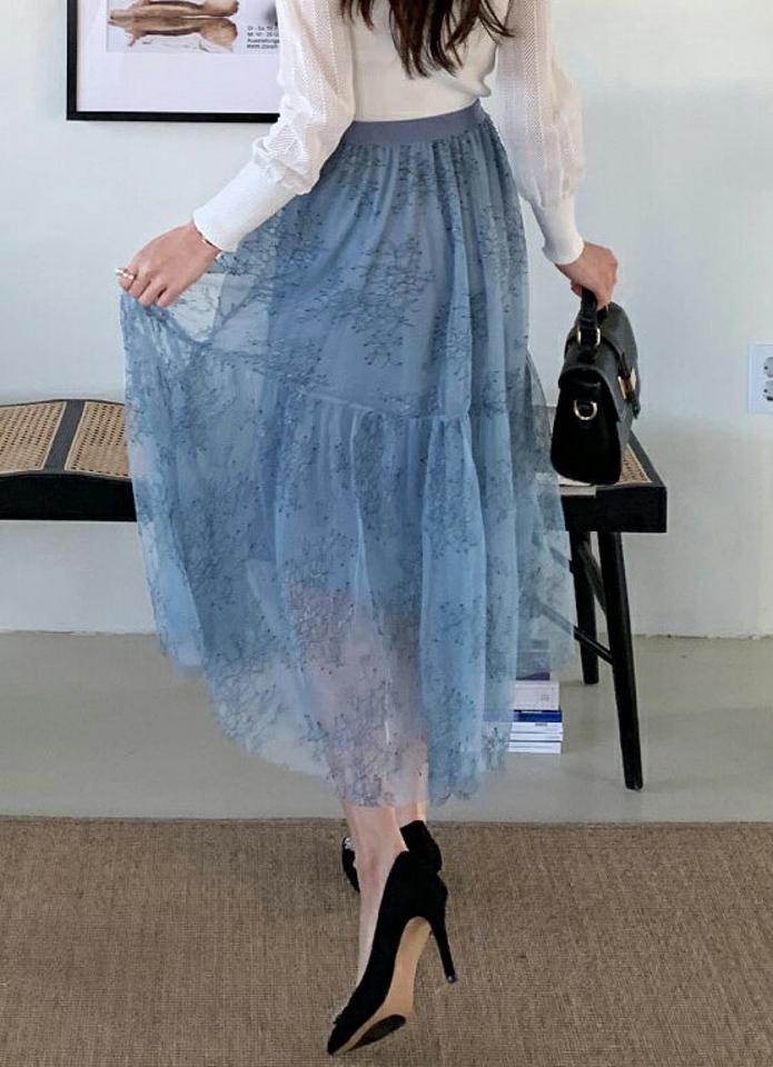 フローラルチュールスカート・全3色・b71747 レディース 【sk】 ボトムス スカート ロング ロングスカート 花柄 フラワー ロング丈 シンプル カラーアイテム 大人 カジュアル フェミニン ティアード 体型カバー 学校行事 春 秋 冬 韓国ファッション ハイホリHIHOLLI