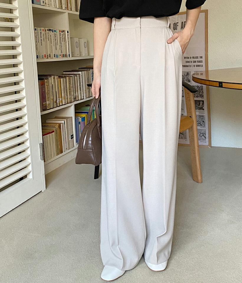 ツータックスラックス・全3色・t00435 レディース 【pt】パンツ スラックス ロング 丈 タック 無地 単色 シンプル オフィスカジュアル ワイド ウエストゴム ウエストマーク 大人っぽ カジュアル 春 夏 秋 冬 パステル 韓国ファッション