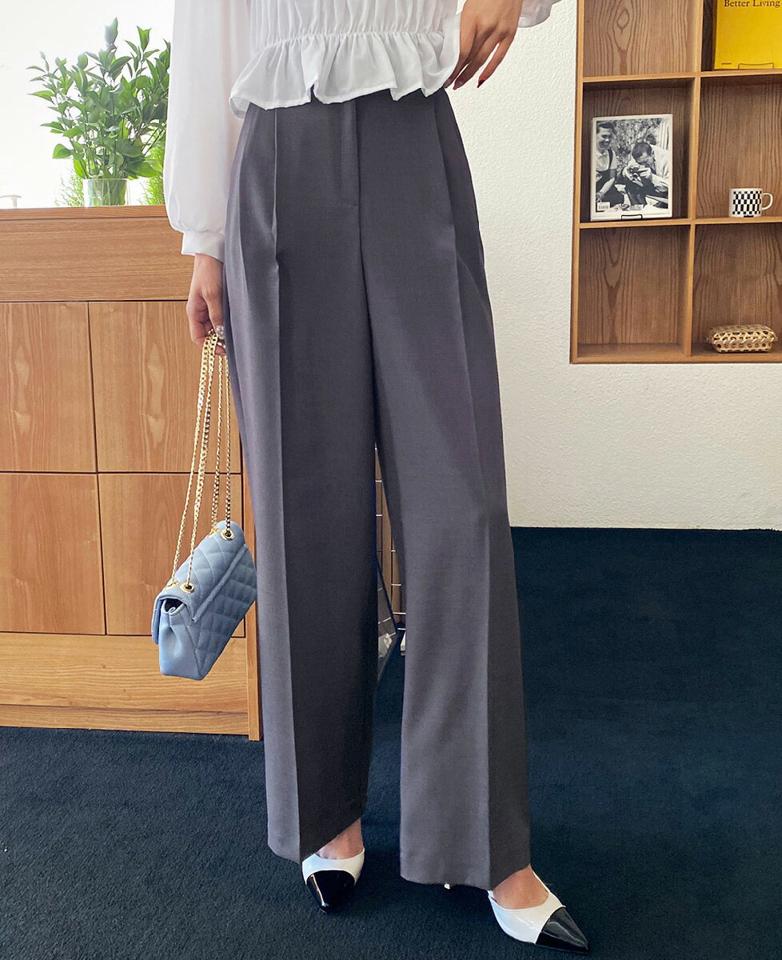 ツータックスラックス・全3色・t00435 レディース 【pt】パンツ スラックス ロング 丈 タック 無地 単色 シンプル オフィスカジュアル ワイド ウエストゴム ウエストマーク 大人っぽ カジュアル 春 夏 秋 冬 パステル 韓国ファッション