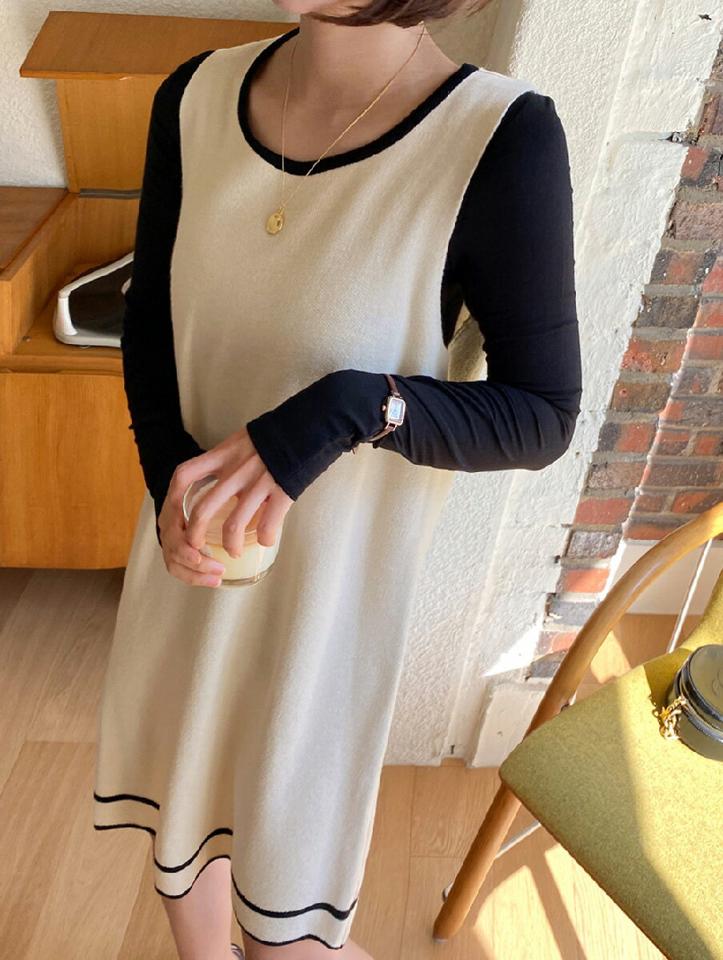 配色ノースリニットワンピース・全2色・b00431 レディース 【ops】ワンピース ミニ丈 ミニワンピ ノースリーブ スリーブレス 配色 Hライン ニット ニットワンピ 秋 冬 春 ラウンドネック フェミニン ガーリー 韓国ファッション