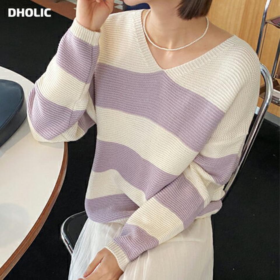 ワイドボーダーVネックニット・全4色・b00425 レディース 【tops】ニット トップス 長袖 Vネック ボーダー 柄 ワイド パステル 秋 冬 肩落ち ドロップショルダー デコルテ見せ 鎖骨 カジュアル かわいい 可愛い 韓国ファッション