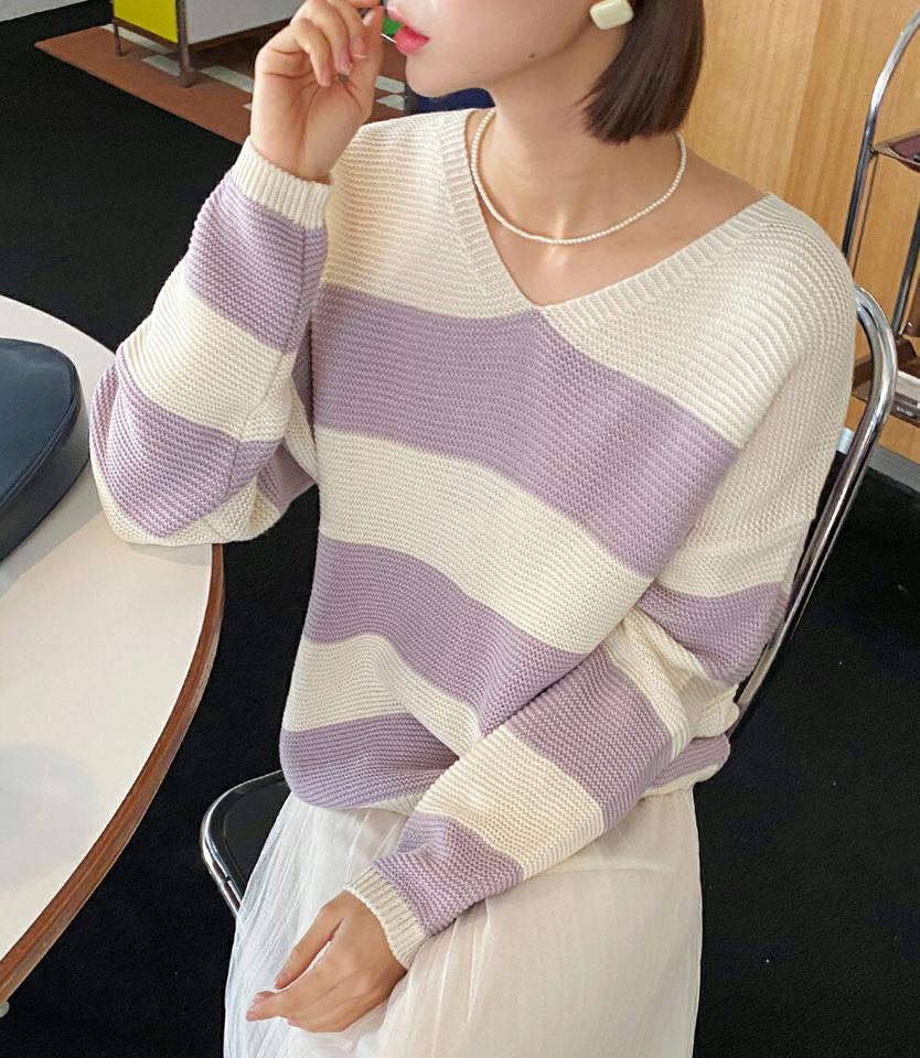 ワイドボーダーVネックニット・全4色・b00425 レディース 【tops】ニット トップス 長袖 Vネック ボーダー 柄 ワイド パステル 秋 冬 肩落ち ドロップショルダー デコルテ見せ 鎖骨 カジュアル かわいい 可愛い 韓国ファッション