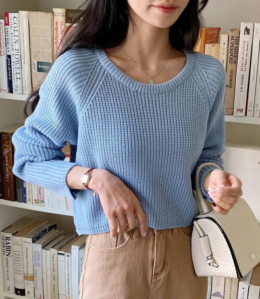 クロップドラグランラウンドニット・全6色・t00423 レディース 【tops】トップス ニット 長袖 クロップド丈 単色 シンプル 無地 ラグラン 秋 冬 シンプル カラーニット パステル デコルテ見せ フェミニン ショート丈 かわいい 韓国ファッション