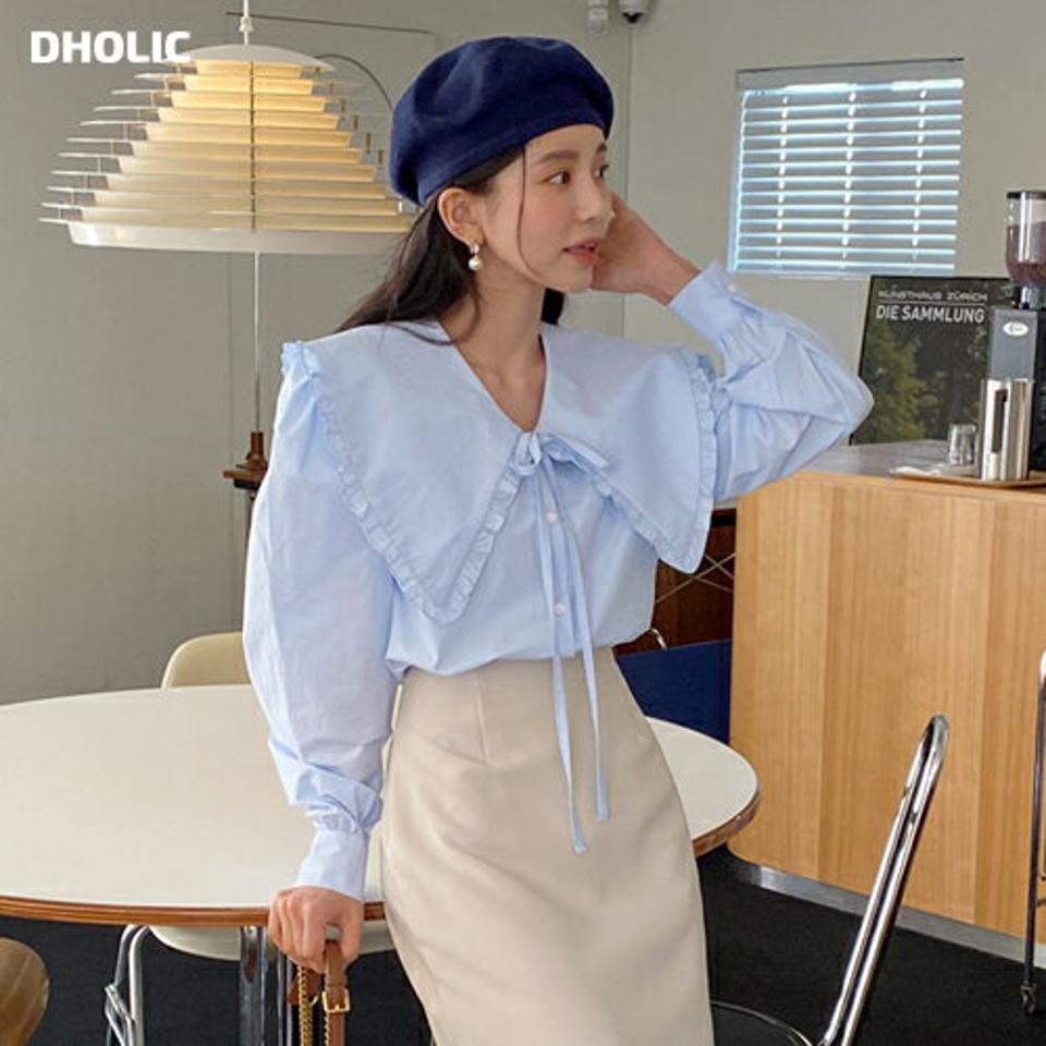 ビッグカラーリボンブラウス・全2色・t00420 レディース 【bl】ブラウス トップス 長袖 襟コン リボン 単色 無地 ボタン 春 秋 フリル 襟 大きめ コットン 綿 100％ フェミニン 水色 かわいい パステル 可愛い 韓国ファッション