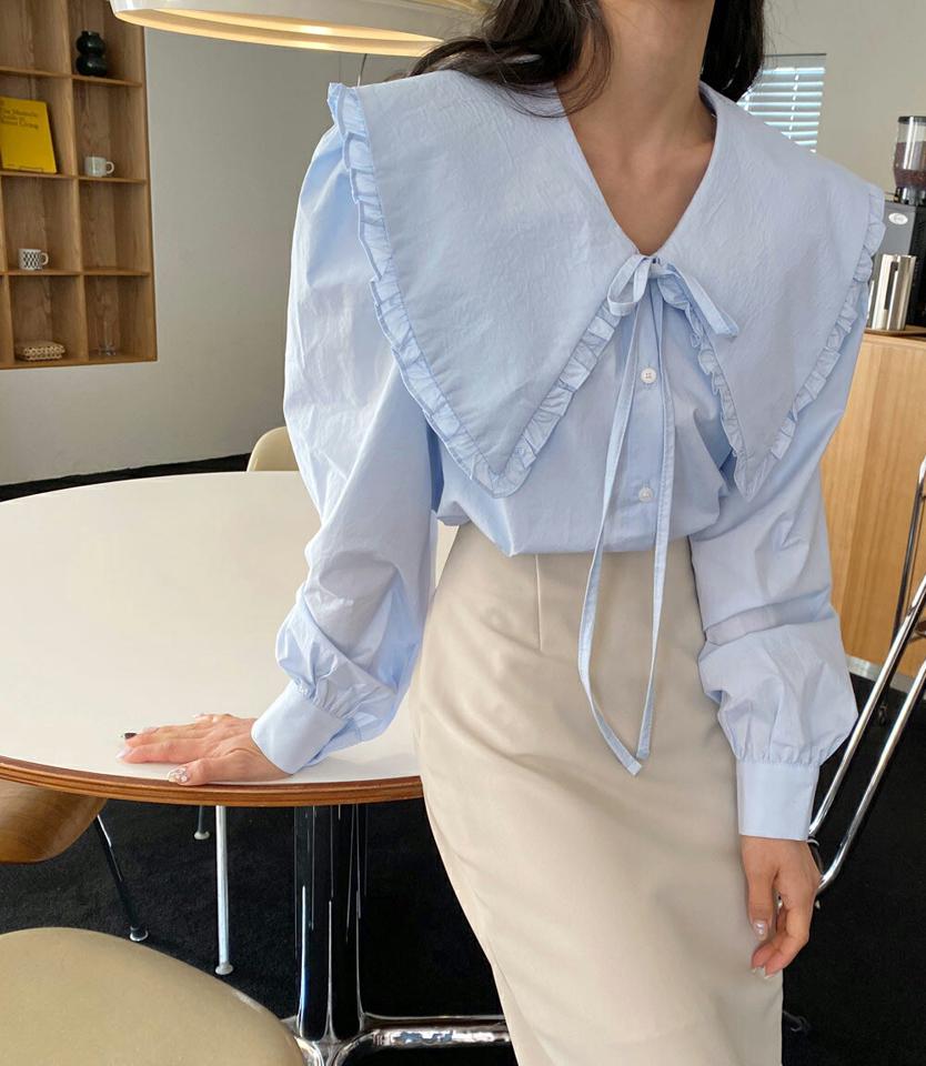 ビッグカラーリボンブラウス・全2色・t00420 レディース 【bl】ブラウス トップス 長袖 襟コン リボン 単色 無地 ボタン 春 秋 フリル 襟 大きめ コットン 綿 100％ フェミニン 水色 かわいい パステル 可愛い 韓国ファッション