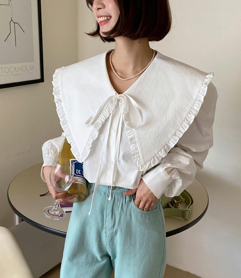 ビッグカラーリボンブラウス・全2色・t00420 レディース 【bl】ブラウス トップス 長袖 襟コン リボン 単色 無地 ボタン 春 秋 フリル 襟 大きめ コットン 綿 100％ フェミニン 水色 かわいい パステル 可愛い 韓国ファッション