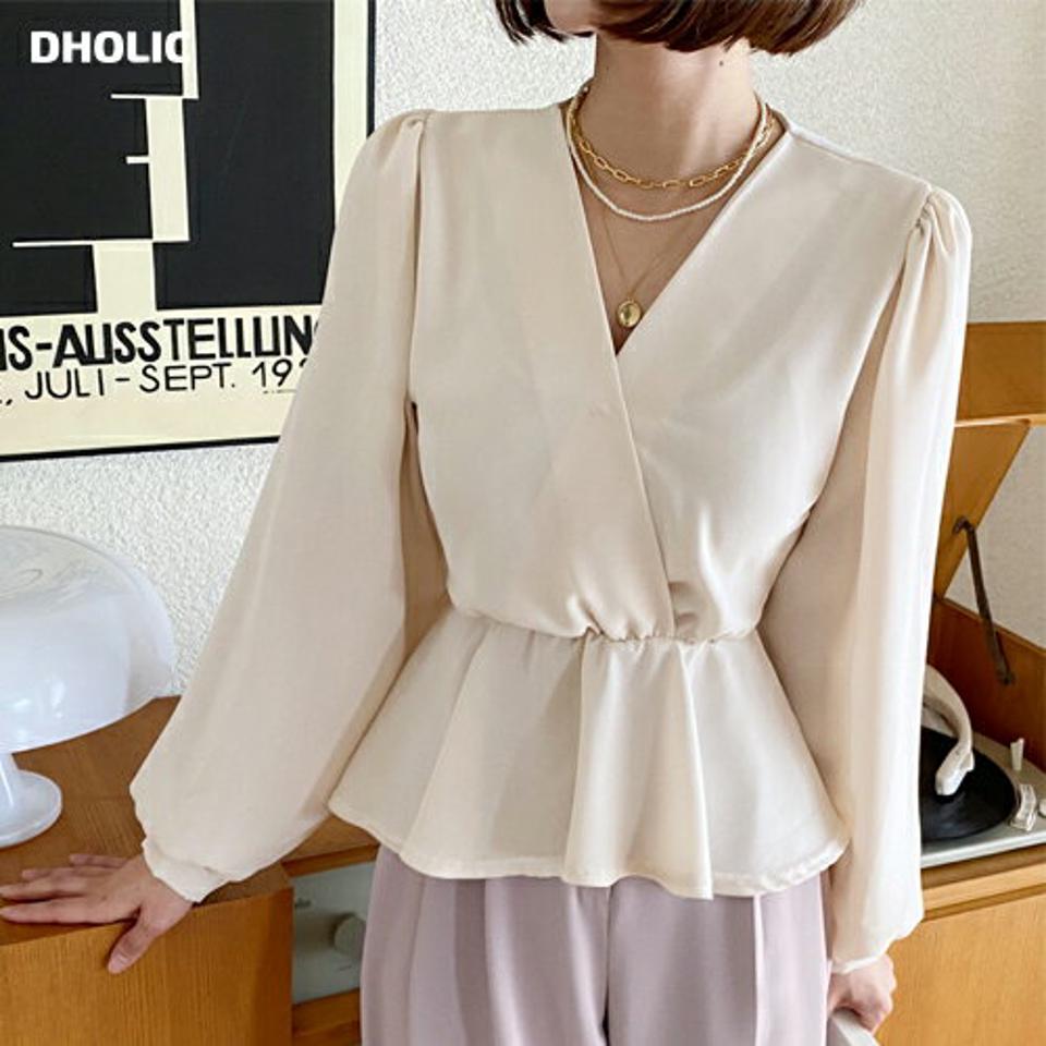 カシュクールリボンペプラムブラウス・全4色・t00458 レディース 【bl】トップス ブラウス 長袖 Vネック 単色 無地 パフスリーブ パフ袖 ペプラム リボン 春 秋 冬 ウエストマーク 鎖骨 デコルテ見せ オフィスカジュアル パステル 韓国ファッション