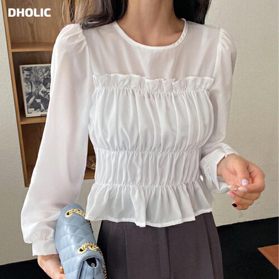 シャーリングクロップドブラウス・全4色・t00445 レディース 【bl】ブラウス トップス 長袖 単色 シンプル 無地 シャーリング クロップド丈 伸縮 スリム ラウンドネック パフ 袖 スリーブ フェミニン ガーリー パステル 韓国ファッション