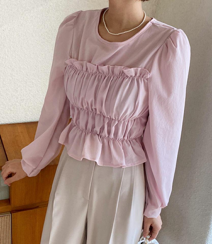 シャーリングクロップドブラウス・全4色・t00445 レディース 【bl】ブラウス トップス 長袖 単色 シンプル 無地 シャーリング クロップド丈 伸縮 スリム ラウンドネック パフ 袖 スリーブ フェミニン ガーリー パステル 韓国ファッション