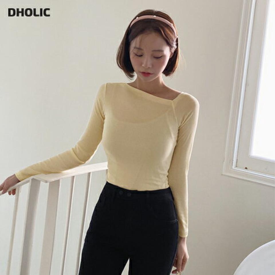 2WAYリブアシメショルダーTシャツ・全5色・t00444 レディース 【tops】トップス 長袖 アシメ Tシャツ ユニーク 秋 冬 春 パステル 2WAY リブ ショルダー 左右非対称 スリム クロップド丈 前後着用 カジュアル 鎖骨 デコルテ見せ 韓国ファッション