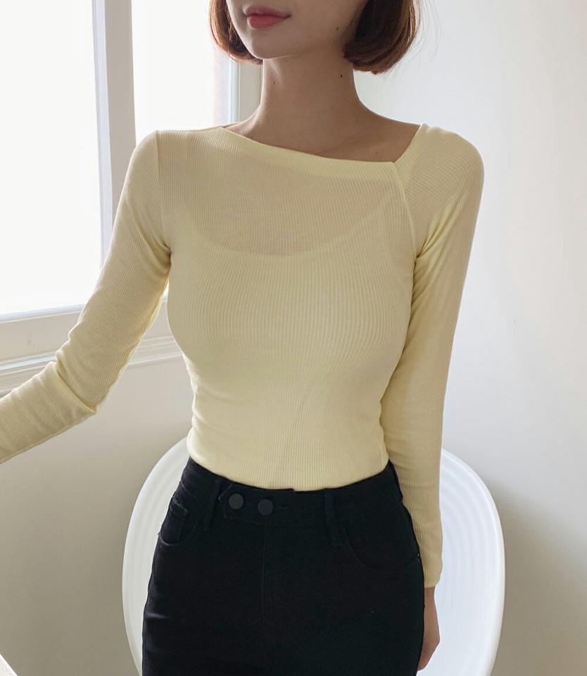2WAYリブアシメショルダーTシャツ・全5色・t00444 レディース 【tops】トップス 長袖 アシメ Tシャツ ユニーク 秋 冬 春 パステル 2WAY リブ ショルダー 左右非対称 スリム クロップド丈 前後着用 カジュアル 鎖骨 デコルテ見せ 韓国ファッション