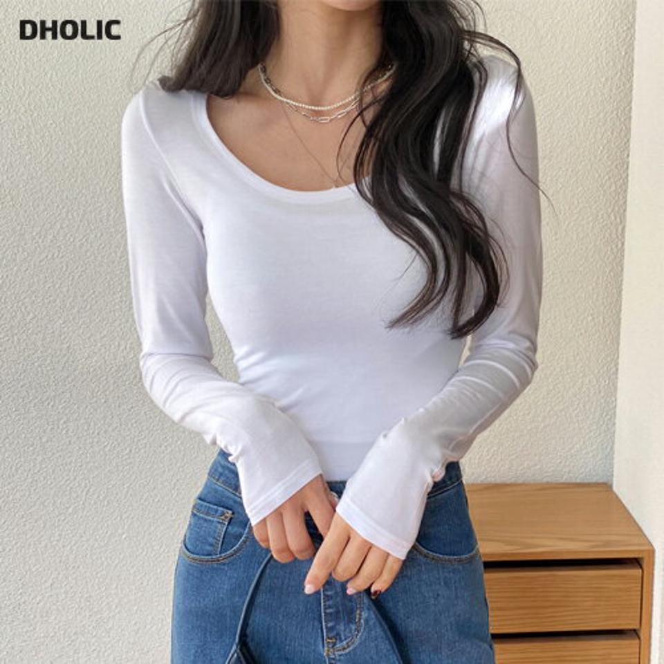 2WAY長袖UネックTシャツ・全4色・t00415 レディース 【tops】トップス 長袖 Tシャツ Uネック 単色 シンプル 無地 春 秋 冬 鎖骨 デコルテ見せ ベーシック スリム 前後着用 パステル くすみ カジュアル 韓国ファッション