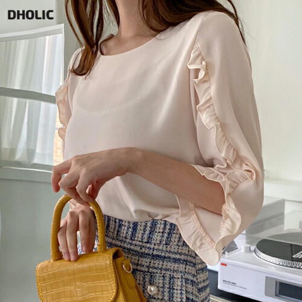 フリル7分袖ブラウス・全5色・66339 レディース 【bl】ブラウス トップス 七分丈 フリル パステル 春 秋 単色 無地 スリット かわいい 可愛い ガーリー フェミニン ミント イエロー ベージュ ブラック パープル 韓国ファッション