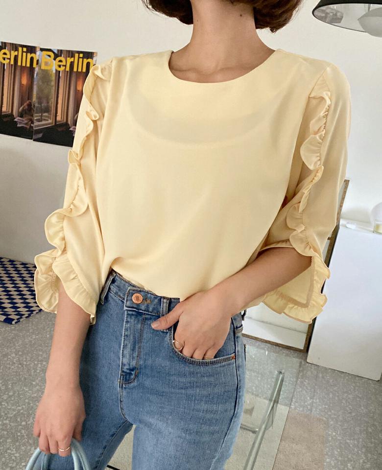 フリル7分袖ブラウス・全5色・66339 レディース 【bl】ブラウス トップス 七分丈 フリル パステル 春 秋 単色 無地 スリット かわいい 可愛い ガーリー フェミニン ミント イエロー ベージュ ブラック パープル 韓国ファッション