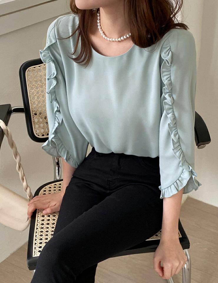 フリル7分袖ブラウス・全5色・66339 レディース 【bl】ブラウス トップス 七分丈 フリル パステル 春 秋 単色 無地 スリット かわいい 可愛い ガーリー フェミニン ミント イエロー ベージュ ブラック パープル 韓国ファッション
