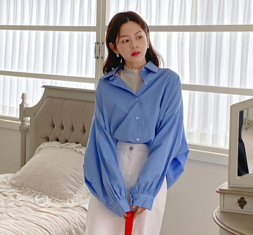 パフドロップショルダーシャツ・全4色・t66342 レディース 【bl】シャツ トップス 長袖 春 秋 シンプル 無地 単色 ドロップショルダー 肩落ち オーバーシャツ ゆったり ラフ カジュアル パステル かわいい 可愛い 韓国ファッション