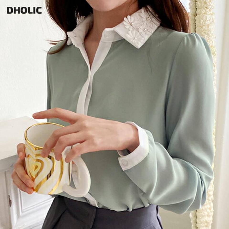 【マラソン特価】フラワーフェイクパールカラーブラウス・全4色・t66341 レディース 【bl】ブラウス トップス 長袖 バイカラー 配色 花 フェイクパール 襟 上品 パステル 春 秋 冬 レース オフィス きれいめ 大人っぽ フェミニン 韓国ファッション クリスマス セール